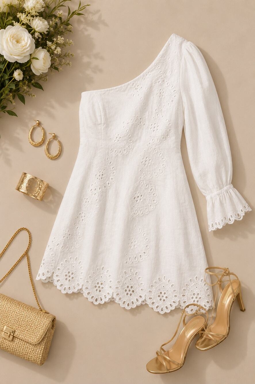 Hill House Home Milla Dress White Linen One Shoulder Eyelet Mini Dress M NWT